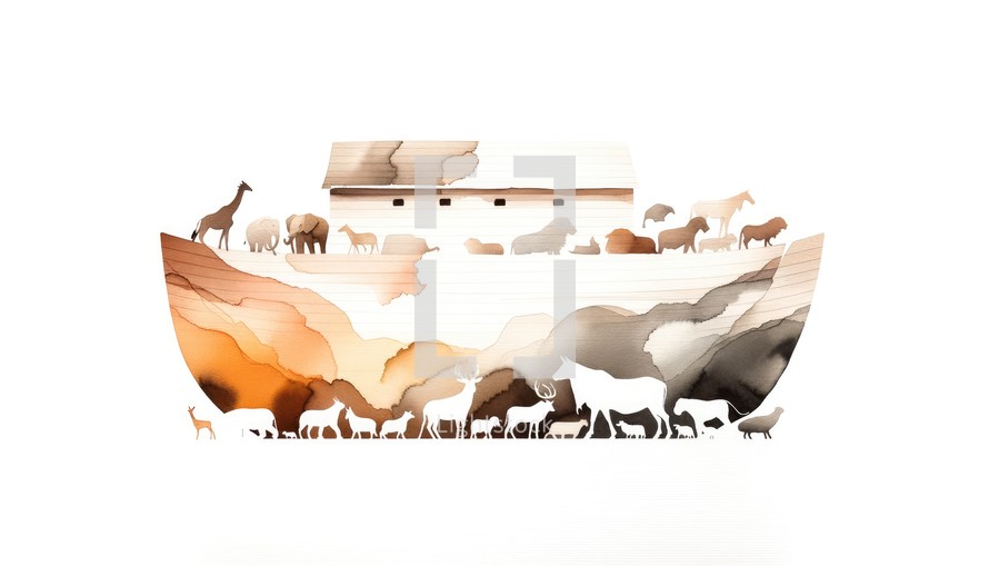 Noah's Ark. Watercolor painting with silhouettes of animals