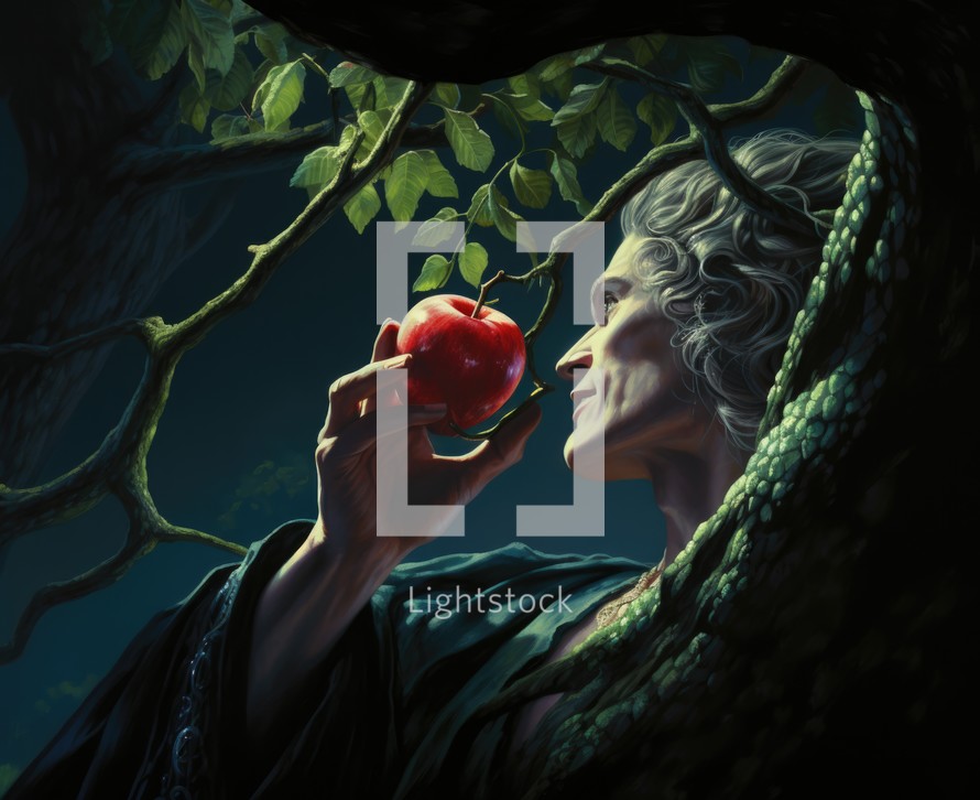 The original sin, the forbidden fruit. Personification of temptation with apple in hand under a tree