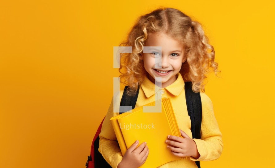 Bible Study. Cute little schoolgirl with backpack and books on yellow background. Back to school