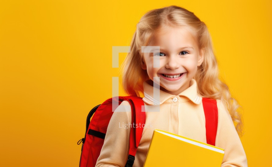 Bible Study. Portrait of a smiling schoolgirl with backpack and book on yellow background