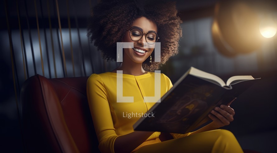 Bible Study. Cheerful african american woman in eyeglasses reading book