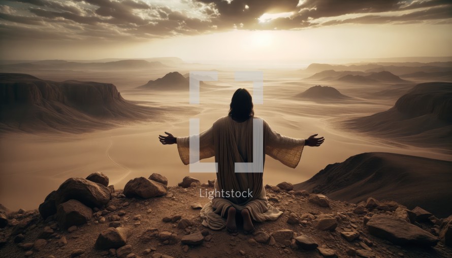 Cinematic portrayal of Jesus christ in worship in the Judean desert, Biblical