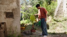 Young Man Waters Plants In A Calabrian Countryside