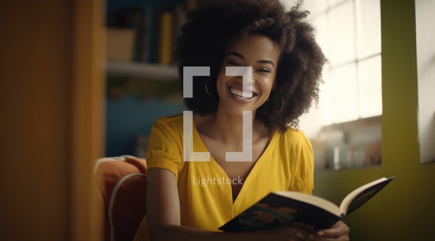 Bible Study. Cheerful african american woman reading book
