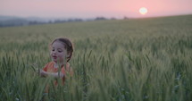 Little cute girl playing in a wheat field during sunset.