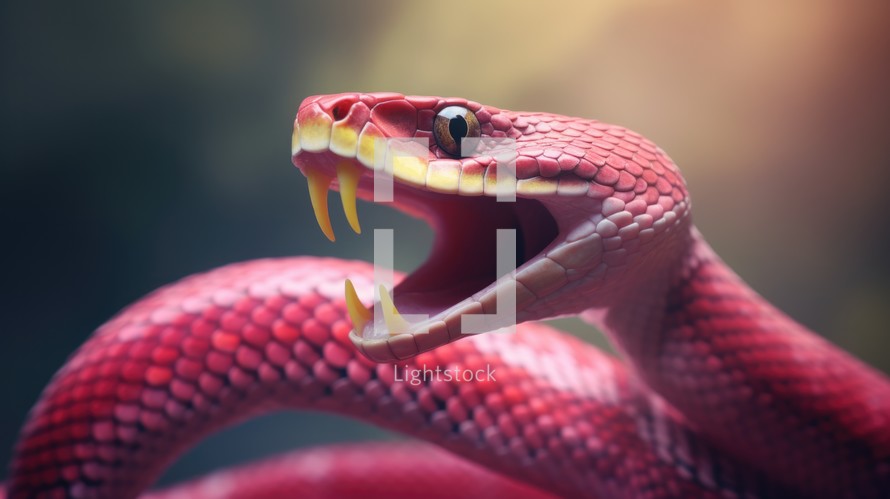 The original sin. Pink snake with open mouth on blurred background
