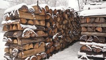 A pile of wood, Firewood stacked in a heap, prepared for the winter heating season in countryside
