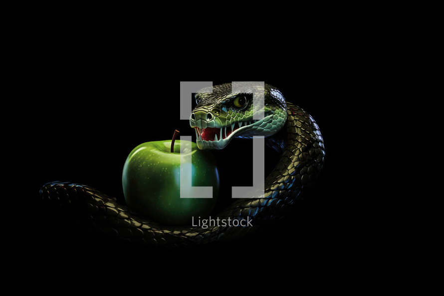 The original sin, the forbidden fruit. Close up of snake with green apple on dark background