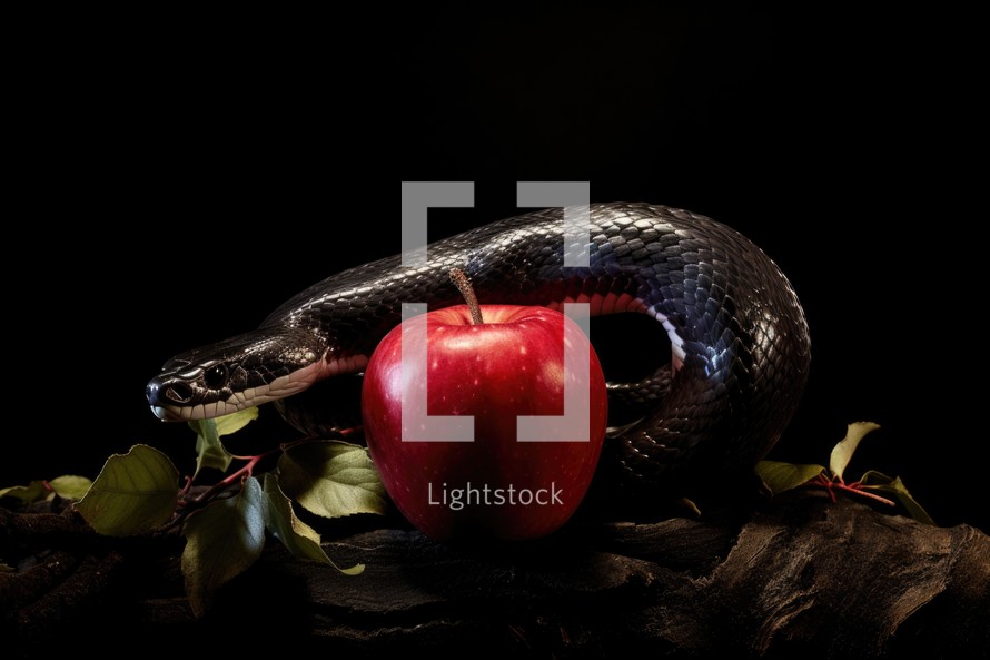 The original sin, the forbidden fruit. Black striped snake and red apple on a black background.