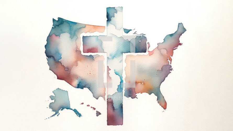 Nation under God. Christian cross in the middle of the map of USA. Watercolor illustration