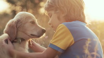 Cute little boy talking with golden retriever puppy on countryside nature background. Golden hour, sunset light. Child stroking dog. Happy lovely pet, new member of family. High quality 4k footage