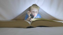 Boy studying a book under the bedsheets