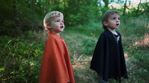 Two little toddler boys cosplay gnomes or hobbits in long capes smiling sincerely magically falling foliage in green forest. Halloween, kids concept. Amazing fairy tale character. Slow motion. .
