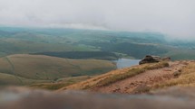 Peak District hiking footage hill climbing mountain landscape, outdoors video, clouds valley setting