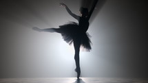 Silhouette of incredible girl dancing ballet in tutu on stage in front of spotlight