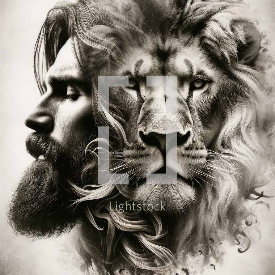 Double exposure. Jesus The Lion. Illustration