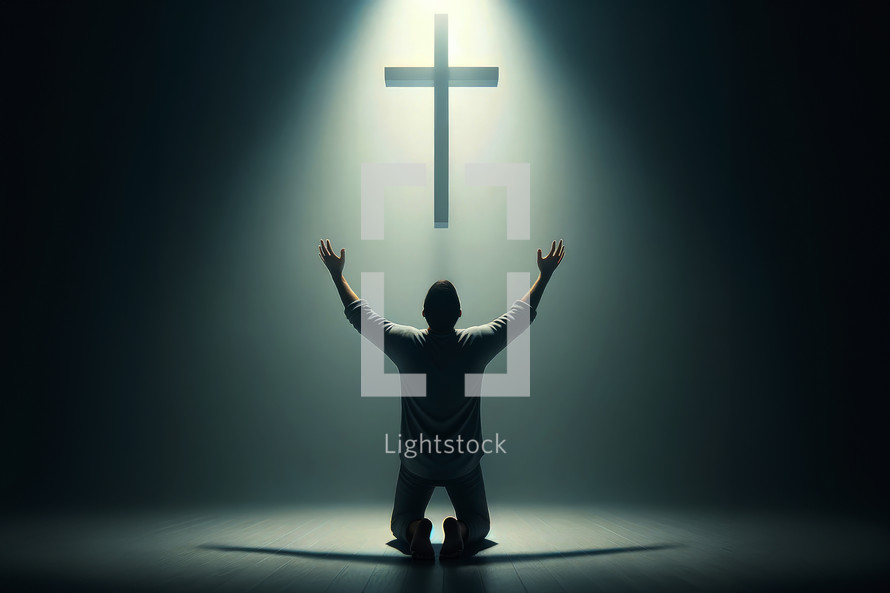 Worship. A man, on his knees, in worship in front of a cross.