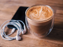 coffee with earbuds 