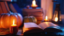 Old paper book on wooden windowsill, bathed in moon soft glow light. Cozy ambience of fall, cute candles burning. Literature promotions or tranquil visual storytelling. Nostalgic, retro allure.