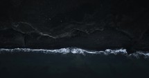 Coast Of Iceland At Night, Aerial View Of Seagulls Flying Over Black Sand Beach