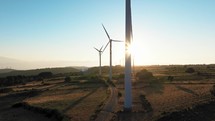 Wind turbine farm at sunset light 