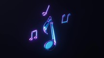 Loop animation of music notes with dark neon light effect, 3d rendering.
