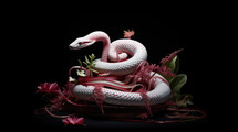 The original sin. White snake on a black background 