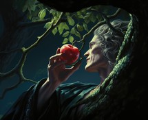 The original sin, the forbidden fruit. Personification of temptation with apple in hand under a tree