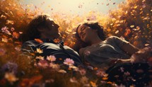 Young couple in love lying on the meadow with flowers. Love concept.