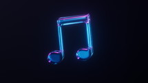 Loop animation of music note with dark neon light effect, 3d rendering.