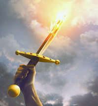 Sword on fire against dark clouds