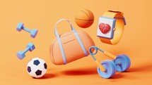 Loop animation of fitness elements with cartoon style, 3d rendering.
