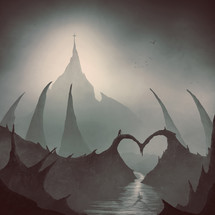 man crossing over a heart shaped bridge in an eery forest 