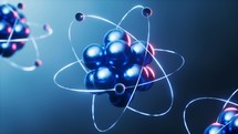 Physics atom with dark blue background, 3d rendering.
