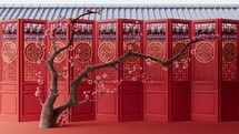 Plum blossom with Chinese ancient doors, 3d rendering.
