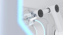 Robotic arms in the white futuristic room, 3d rendering.
