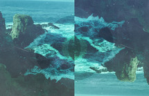 Split image of ocean waves crashing on the rocks.