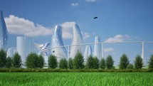 Fantastic futuristic city park maglev train levitation green eco landscape