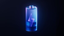 Loop animation of battery with dark neon light effect, 3d rendering.
