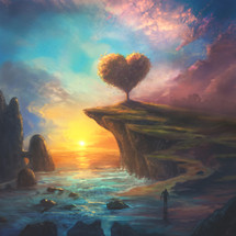 A digital painting with a beautiful sunset and landscape with a heart shaped tree