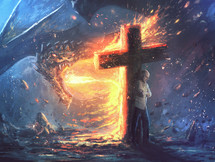 A man seeks safety behind a large cross during a fire attack from the enemy.