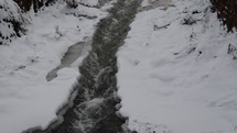 water flowing in a stream with snow on the banks 