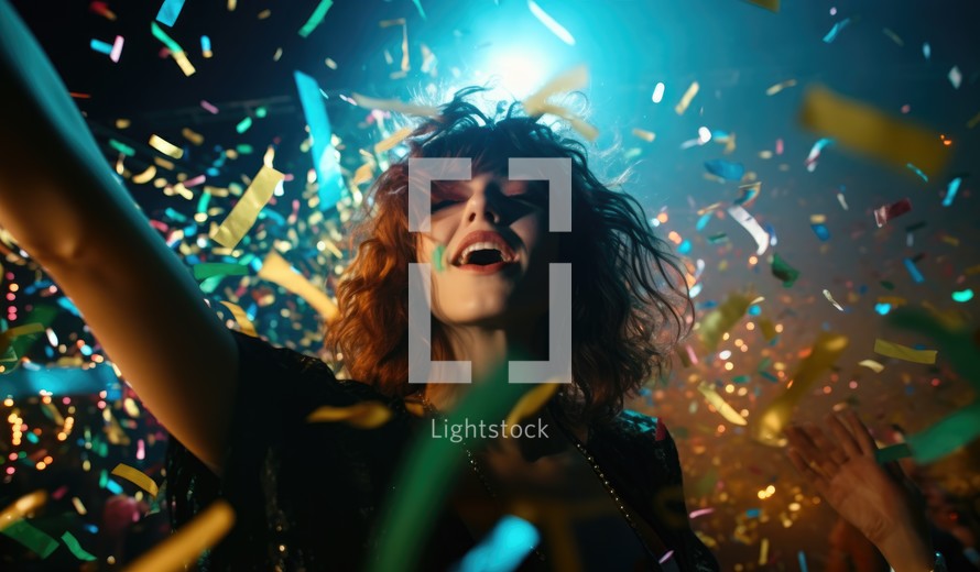 Celebration. Young woman with curly red hair having fun with confetti at party