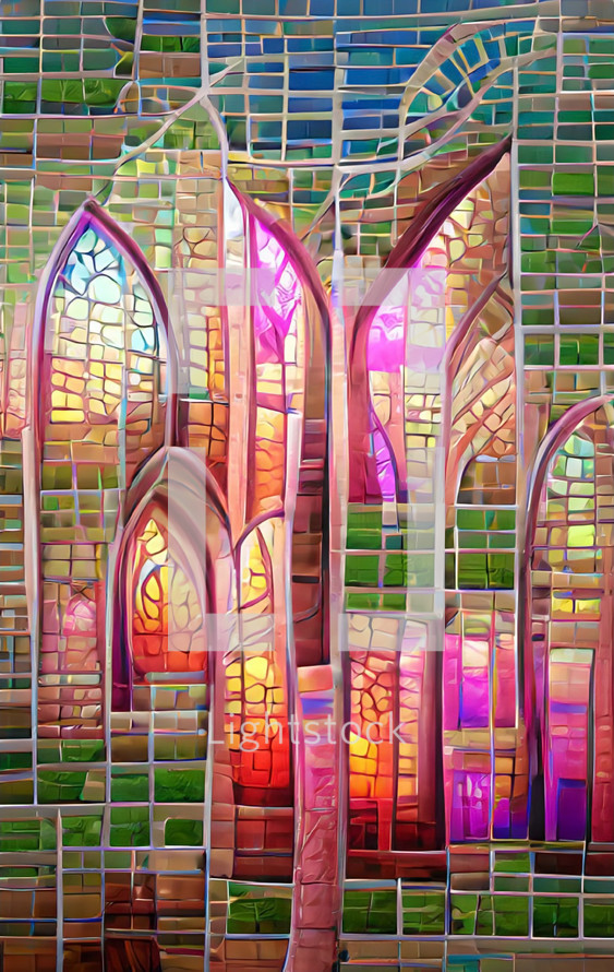 wall of arches, stained glass and mosaic, digital painting, abstract art 