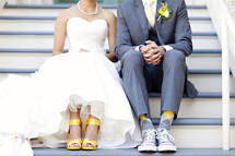 Bride and groom feet dress yellow and gray socks shoes wedding 