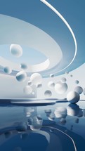 Floating balls and water surface background, 3d rendering.