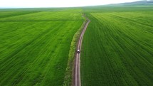 Car driving in field aerial view	