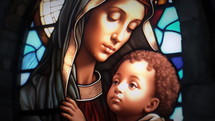 Close-up shot of a beautiful, dimly back-lit stained glass window of Mary and Baby Jesus with snow just starting to fall. Stained glass was generated with AI and composited into a 3D CGI scene.