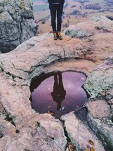 Person standing on a mountaintop gazing at their reflection in a pool of water in the rocks.