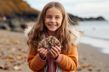On the autumn seashore, a 7-year-old girl with long flowing hair holds a seashell to her ear, a radiant smile lighting up her face
